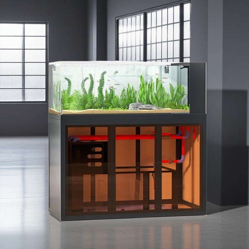 Aquarium Fish Low Maintenance - Aquascape-visbak in industriële stijl, zijdelingse overloopfiltratie,