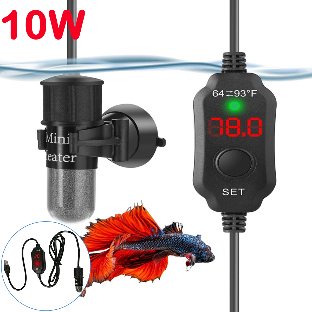 Aquarium Heater Submersible - 10W verstelbare aquariumverwarmingsstaaf 18-34 ° C