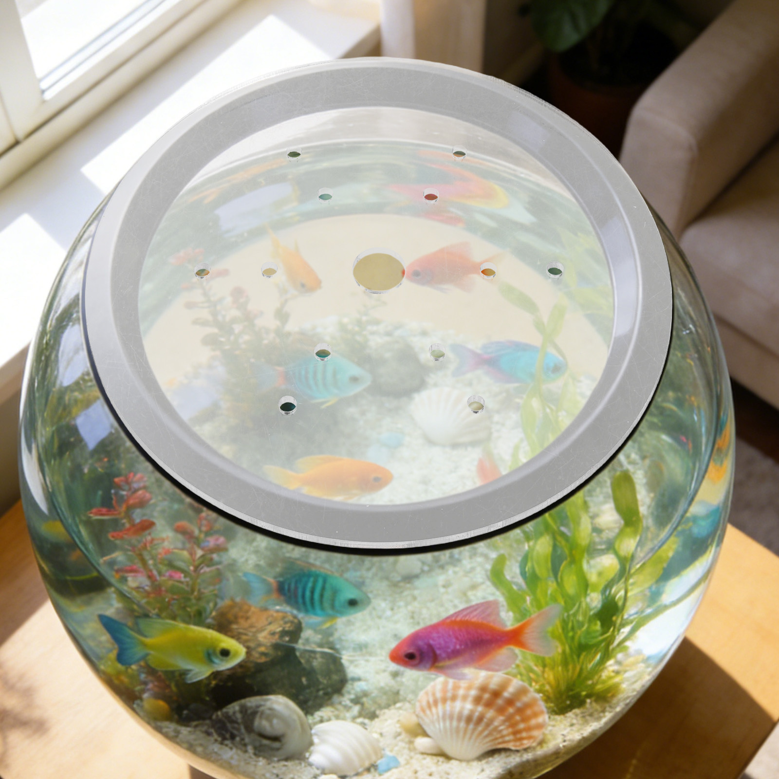 Ronde viskom afdekking, ondoor - Aquarium Fish Jumping recensie en prijs